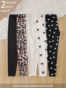 SHEIN 2件隨機發貨 秋冬保暖內裡 女童大童女孩 簡約時尚甜美 愛心豹紋蝴蝶結波點印花長款內搭褲 - 彩色 - 查看 3