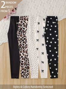 SHEIN 2件隨機發貨 秋冬保暖內裡 女童大童女孩 簡約時尚甜美 愛心豹紋蝴蝶結波點印花長款內搭褲 - 彩色 - 查看 4