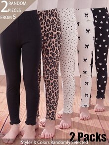 SHEIN 2件隨機發貨 秋冬保暖內裡 女童大童女孩 簡約時尚甜美 愛心豹紋蝴蝶結波點印花長款內搭褲 - 彩色 - 查看 2
