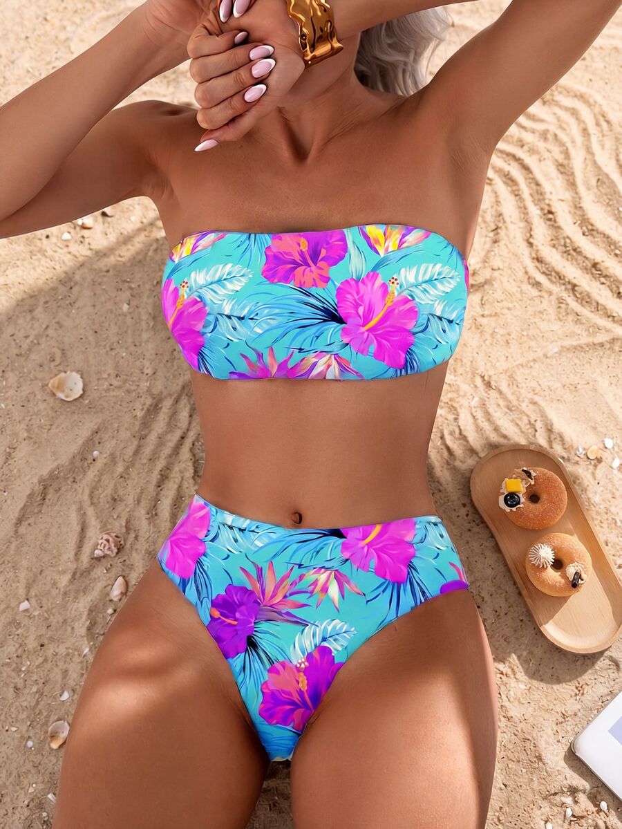 SHEIN Swim 2pcs/Set Women Floral Print Bandeau Bikini Set, Beachwear' For Summer Beach Vacation - Multicolor - View 1