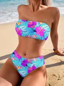 SHEIN Swim 2pcs/Set Women Floral Print Bandeau Bikini Set, Beachwear' For Summer Beach Vacation - Multicolor - View 4