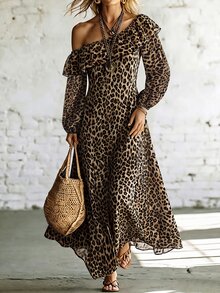 SHEIN Gaun Liburan Kasual Wanita Warna Polos dengan Bahu Terbuka, Gaun Wanita Motif Leopard - MultiWarna - View 8
