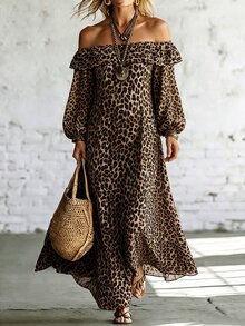SHEIN Gaun Liburan Kasual Wanita Warna Polos dengan Bahu Terbuka, Gaun Wanita Motif Leopard - MultiWarna - View 4