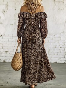 SHEIN Gaun Liburan Kasual Wanita Warna Polos dengan Bahu Terbuka, Gaun Wanita Motif Leopard - MultiWarna - View 3