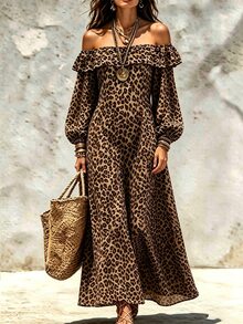 SHEIN Gaun Liburan Kasual Wanita Warna Polos dengan Bahu Terbuka, Gaun Wanita Motif Leopard - MultiWarna - View 5