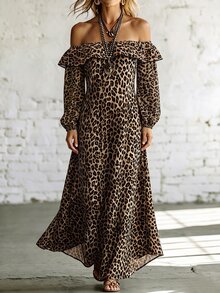 SHEIN Gaun Liburan Kasual Wanita Warna Polos dengan Bahu Terbuka, Gaun Wanita Motif Leopard - MultiWarna - View 7