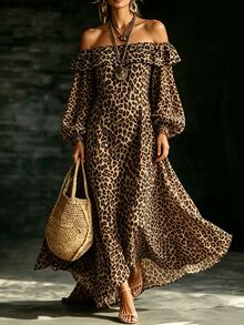 SHEIN Gaun Liburan Kasual Wanita Warna Polos dengan Bahu Terbuka, Gaun Wanita Motif Leopard - MultiWarna - View 2