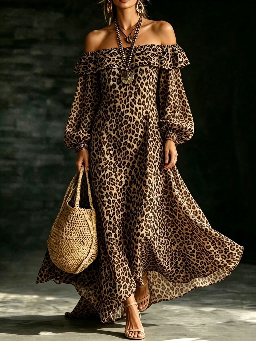 SHEIN Gaun Liburan Kasual Wanita Warna Polos dengan Bahu Terbuka, Gaun Wanita Motif Leopard