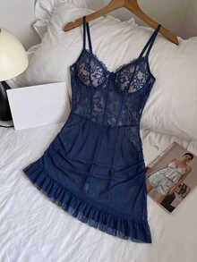 SHEIN MOD 两件套蕾丝拼接性感内衣连衣裙，含丁字裤，冬季款 - 藏蓝色 - 查看 2