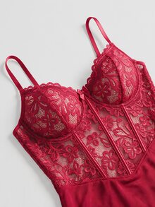 SHEIN MOD 蕾絲對比網眼女士性感睡衣連衣裙2件套裝（有鋼絲內托文胸和睡裙+G-弦內褲） - 酒紅色 - 查看 5