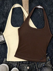 Tween Girl Solid Color Fitted Casual Modest Halter Tank Top Pcs Outing Office Outing Butter Yellow Brown Summer - Multicolor - View 3