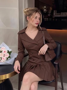SHEIN MOD Pleated Double-Breasted Brown Trench Coat - Rust Brown - View 3