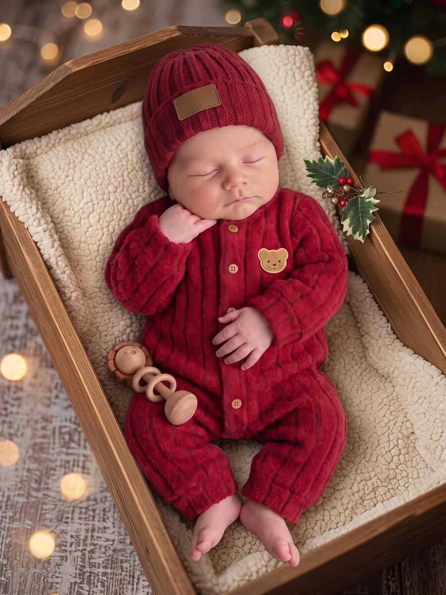 SHEIN Kids Newborn Cute Knitted Red Cartoon Bear Pattern Home Wear Romper - Red - View 1