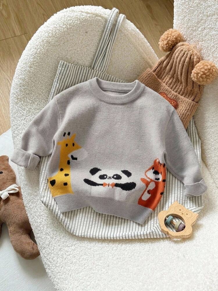 SHEIN Baby Boys Sweaters, Knit Long Sleeve Sweater, Comfortable For Autumn/Winter, Versatile And Stylish, Jacquard Cartoon Giraffe, Panda, Bear Pattern, Cute And Playful, Handsome Casual, Suitable For Daily Wear, Outings And Travel - Multicolor - View 11