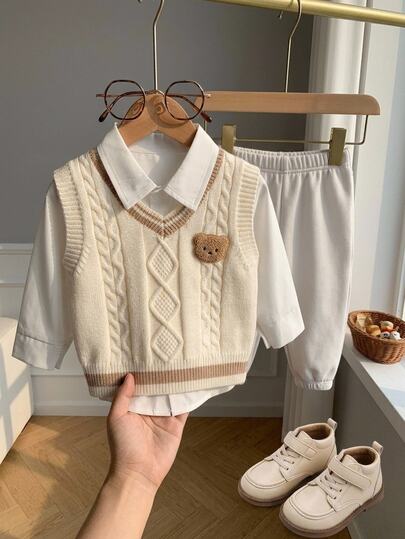 SHEIN Playful Pals Chaleco de punto de manga corta para bebé niño, diseño de oso, ribete de contraste, primavera/otoño/invierno, estilo universitario, estilo británico, chaleco de punto, moda casual, elegante, temporada de vuelta al colegio, chaleco de caballero pequeño, adecuado para salidas, escuela, viajes