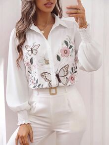 SHEIN Women's French Romantic Elegant Floral Butterfly Lapel Ruffle Cuff Long Sleeve Slimming Blouse Teachers' Day Brunch Office White Floral Autumn - White - View 6