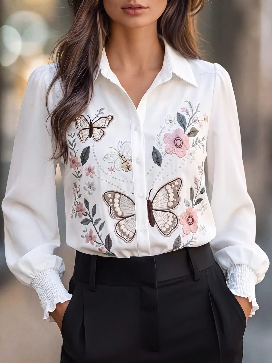 SHEIN Women's French Romantic Elegant Floral Butterfly Lapel Ruffle Cuff Long Sleeve Slimming Blouse Teachers' Day Brunch Office White Floral Autumn - White - View 1