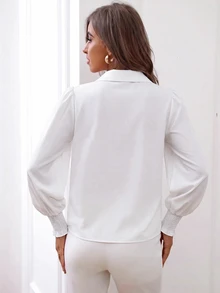 SHEIN Women's French Romantic Elegant Floral Butterfly Lapel Ruffle Cuff Long Sleeve Slimming Blouse Teachers' Day Brunch Office White Floral Autumn - White - View 2