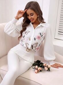 SHEIN Women's French Romantic Elegant Floral Butterfly Lapel Ruffle Cuff Long Sleeve Slimming Blouse Teachers' Day Brunch Office White Floral Autumn - White - View 5