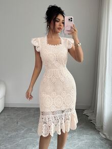 Elenzga Gaun Bodycon Elegan Wanita Motif Bunga Berwarna Polos dengan Lubang Jala - Aprikot - View 5