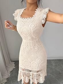 Elenzga Gaun Bodycon Elegan Wanita Motif Bunga Berwarna Polos dengan Lubang Jala - Aprikot - View 3
