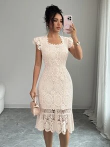 Elenzga Gaun Bodycon Elegan Wanita Motif Bunga Berwarna Polos dengan Lubang Jala - Aprikot - View 1