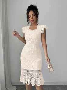 Elenzga Gaun Bodycon Elegan Wanita Motif Bunga Berwarna Polos dengan Lubang Jala - Aprikot - View 6