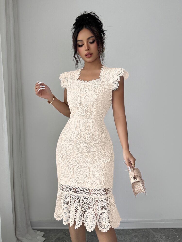 Elenzga Gaun Bodycon Elegan Wanita Motif Bunga Berwarna Polos dengan Lubang Jala - Aprikot - View 6
