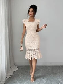 Elenzga Gaun Bodycon Elegan Wanita Motif Bunga Berwarna Polos dengan Lubang Jala - Aprikot - View 4