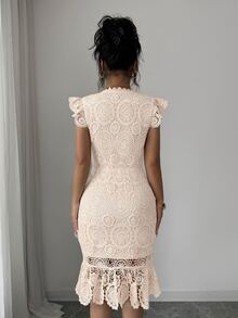 Elenzga Gaun Bodycon Elegan Wanita Motif Bunga Berwarna Polos dengan Lubang Jala - Aprikot - View 2