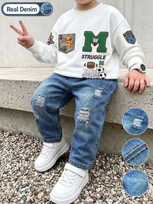 2pcs/Set Toddler Boys Varsity Letter Sweatshirt & Ripped Jeans, Elastic Waist Pants, Autumn Outfit - Multicolor - View 1