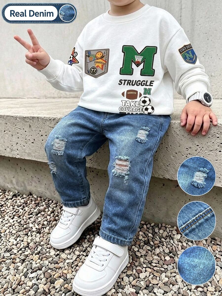 2pcs/Set Toddler Boys Varsity Letter Sweatshirt & Ripped Jeans, Elastic Waist Pants, Autumn Outfit - Multicolor - View 1