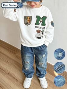 2pcs/Set Toddler Boys Varsity Letter Sweatshirt & Ripped Jeans, Elastic Waist Pants, Autumn Outfit - Multicolor - View 3