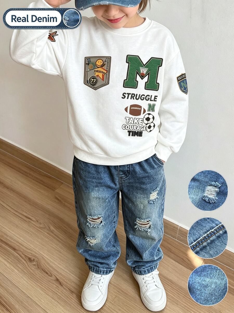 2pcs/Set Toddler Boys Varsity Letter Sweatshirt & Ripped Jeans, Elastic Waist Pants, Autumn Outfit - Multicolor - View 1