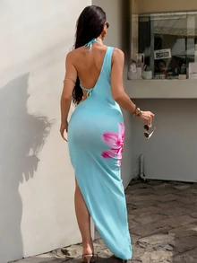 SHEIN Swim Women's Three-Piece Set: Lily Print Backless Bikini, Light Blue Floral Asymmetrical Slit Dress With Ring Accents, Tropical Sexy Beach Vacation Outfit - Mint Blue - View 2