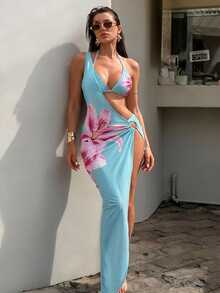 SHEIN Swim Women's Three-Piece Set: Lily Print Backless Bikini, Light Blue Floral Asymmetrical Slit Dress With Ring Accents, Tropical Sexy Beach Vacation Outfit - Mint Blue - View 1