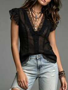 SHEIN Women's Summer French Elegant Casual Design Lace Patchwork V-Neck Flutter Sleeve Slim Fit Flattering Black Short Top - Black - View 4