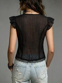 SHEIN Women's Summer French Elegant Casual Design Lace Patchwork V-Neck Flutter Sleeve Slim Fit Flattering Black Short Top - Black - View 2