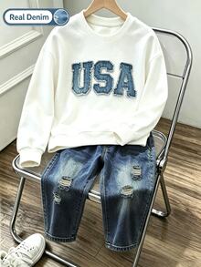 2件組 男童「USA」貼布印花圓領衛衣與破洞牛仔褲，幼兒與小童休閒時尚套裝，秋冬款 - 彩色 - 查看 4