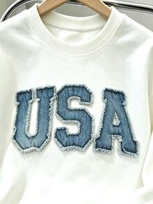 2件組 男童「USA」貼布印花圓領衛衣與破洞牛仔褲，幼兒與小童休閒時尚套裝，秋冬款 - 彩色 - 查看 3