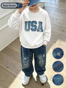 2件組 男童「USA」貼布印花圓領衛衣與破洞牛仔褲，幼兒與小童休閒時尚套裝，秋冬款 - 彩色 - 查看 1