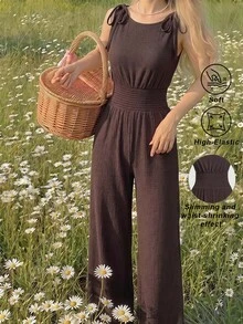 SHEIN MOD Women's Dark Brown Crinkle Fabric Jumpsuit With Tie-Shoulder Straps And Smocked Waist Wide Leg Design, Picnic Vacation Summer Casual - Brown - View 1