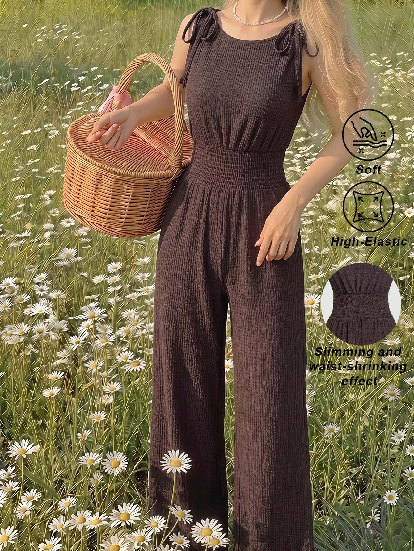 SHEIN MOD Women's Dark Brown Crinkle Fabric Jumpsuit With Tie-Shoulder Straps And Smocked Waist Wide Leg Design, Picnic Vacation Summer Casual - Brown - View 1