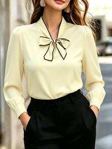 Velvienne Plus Size Women's Contrast Color Collar Casual Versatile Shirt - Apricot - View 1