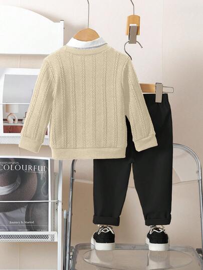 2pcs/Set Baby Boys Outfit, Textured Knit Sweater Beige Pants, Black White, Autumn, Elegant Cute, Embroidered Graphic Clothes Family Matching Birthday