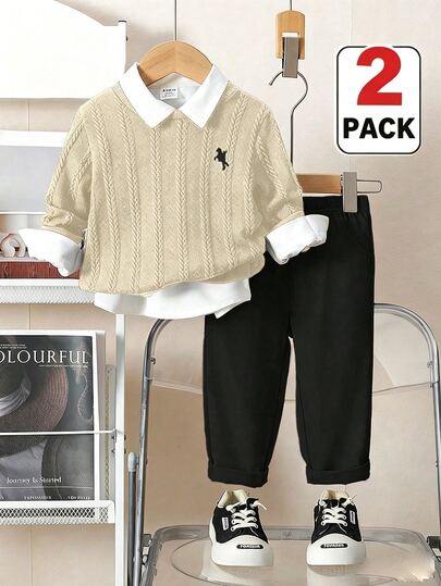 2pcs/Set Baby Boys Outfit, Textured Knit Sweater Beige Pants, Black White, Summer, Classy, Embroidered Graphic Clothes Family Matching Birthday