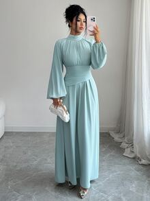 Elenzga Gaun Lengan Lentera Leher Tinggi - Teal Blue - View 8