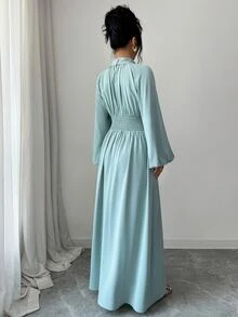 Elenzga Gaun Lengan Lentera Leher Tinggi - Teal Blue - View 2