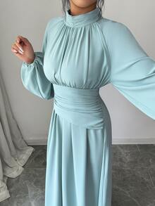 Elenzga Gaun Lengan Lentera Leher Tinggi - Teal Blue - View 4