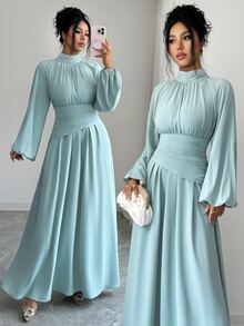 Elenzga Gaun Lengan Lentera Leher Tinggi - Teal Blue - View 1
